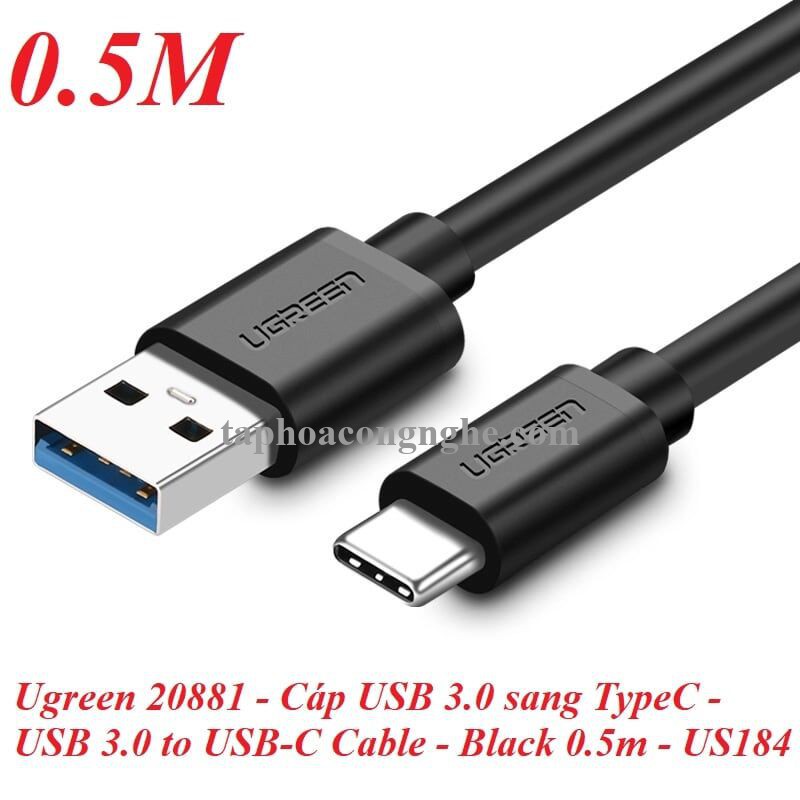 Ugreen 20881 0.5M màu đen Cáp dữ liệu USB 3.0 sang Type-C truyền dữ liệu từ máy tính ra điện thoại dài US184 30020881